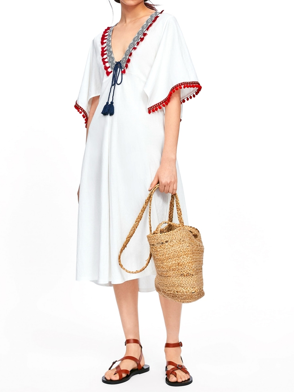 Zara Boho Embroidered Pom-Pom Kaftan Midi Dress Size M